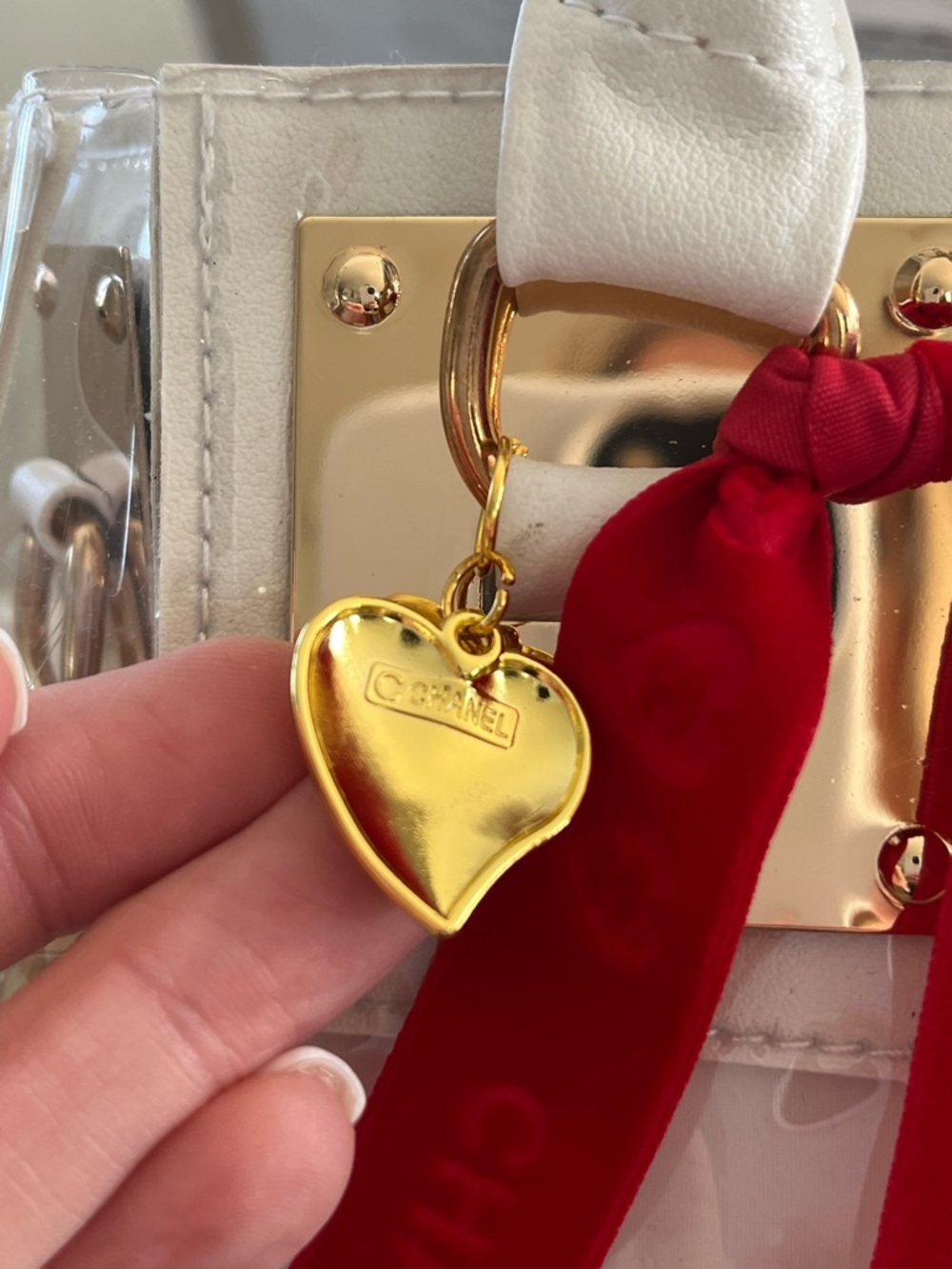 Custom Upcycled Chanel Beauté Clear Bag w Authentic Charms, Ribbon & Makeup Bag - Picture 12 of 16